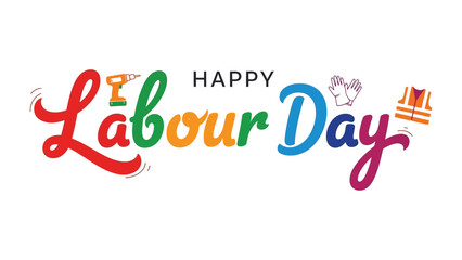 Happy Labour Day: An artistic text design for labour day with tools and uniform in the theme shows a cheerful greeting.