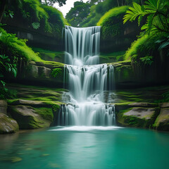 A serene multi-tiered waterfall cascading into a crystal-clear turquoise pool.