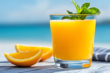 Fototapeta premium Refreshing orange juice with mint on beach table