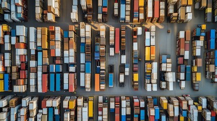 Aerial View of a Busy Shipping Container Yard Full of Cargo Containers Ready for Transport