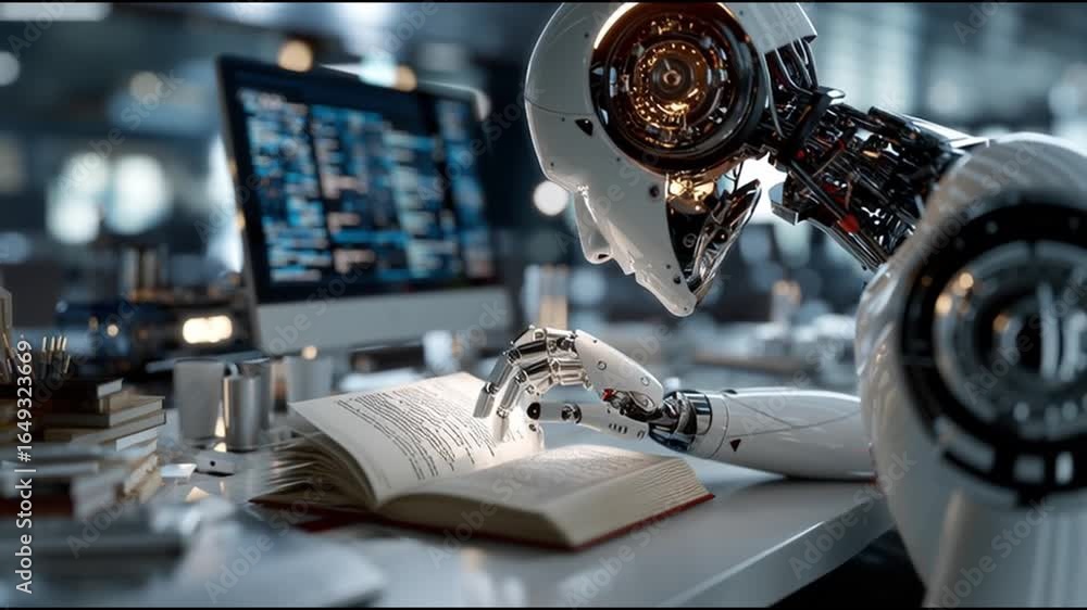 Poster ai for creative writing. a robot studying a book in a modern tech workspace.