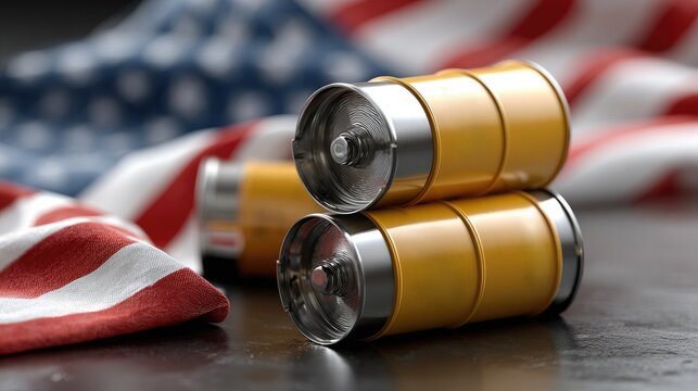 Yellow barrels of nuclear waste sit on gravel with an American flag in the background, emphasizing the importance of environmental care.