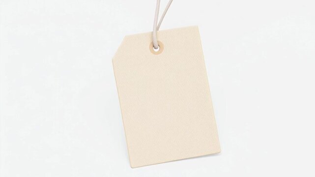 Beige tag with a string angled on a white surface