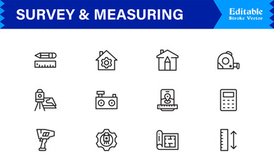 Fototapeta premium Survey And Measuring Line Icon Set – Professional Minimal Data Analysis Symbols, Research Metrics Line Icon Collection