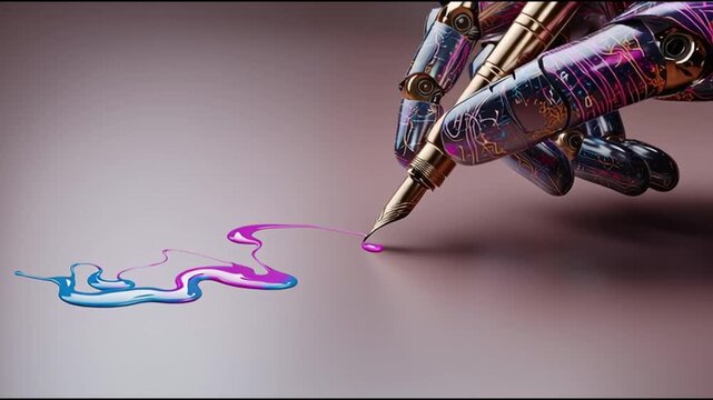 AI for creative writing. A robotic hand elegantly holding a fountain pen.