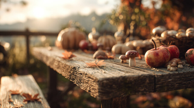 Rustic wooden table with pumpkin, apples, mushrooms, and autumn leaves in warm golden sunset light