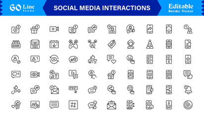 Social Media Interactions line icon set featuring clean, pixel-perfect symbols. Includes professional, modern, and minimal designs tailored to digital engagement themes.