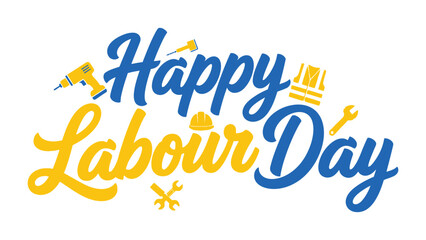 Happy Labour Day: a visually appealing design that conveys the spirit of Labour Day. The design combines festive lettering with labor-related symbols and colors.