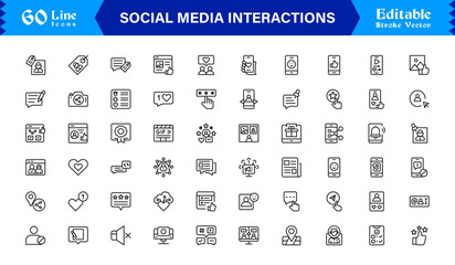 Social Media Interactions line icon set featuring clean, pixel-perfect symbols. Includes professional, modern, and minimal designs tailored to digital engagement themes.
