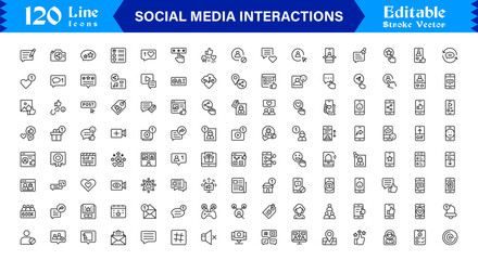 Social Media Interactions line icon set featuring clean, pixel-perfect symbols. Includes professional, modern, and minimal designs tailored to digital engagement themes.