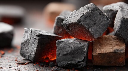 Close-up of hot coals glowing red, creating a striking visual effect ideal for product promotion or showcasing heat