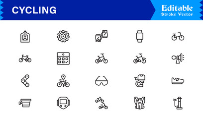 Cycling line icon set featuring minimal, editable, and pixel-perfect vector icons designed for biking, road cycling, and active lifestyle concepts.