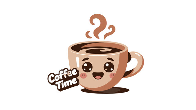 An adorable cartoon illustration of a cheerful coffee cup, exuding warmth and inviting you to enjoy a coffee break.