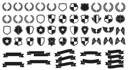 Collection of Heraldic Shields Laurels and Winged Emblems in Black Silhouette crest badge