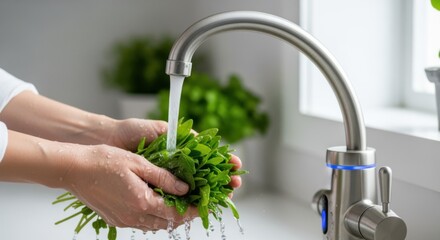 User rinsing fresh herbs under a touchless retrofitted kitchen faucet highlighting handsfree operation for effortless sanitary food preparation.