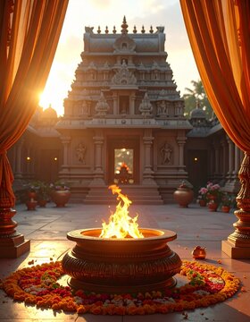Majestic South Indian Temple Courtyard at Golden Hour. A traditional yagna kund with fire, surrounded by marigold flowers, symbolizing a sacred ritual