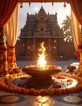 Majestic South Indian Temple Courtyard at Golden Hour. A traditional yagna kund with fire, surrounded by marigold flowers, symbolizing a sacred ritual