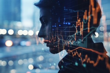 Person with Stock Market Graph Overlay, financial business analysis, investment and success strategy.
