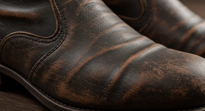 Close up of a weathered brown leather boot on a wooden surface.