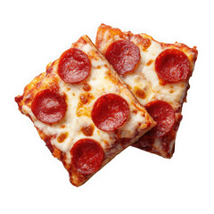 Two square slices of pepperoni pizza isolated on transparent background