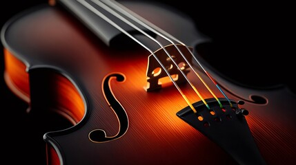Violin bow and strings creating beautiful music on black background