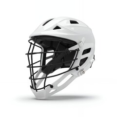 Fototapeta premium White lacrosse helmet with black metal face cage and aerodynamic vents for professional sports head protection equipment