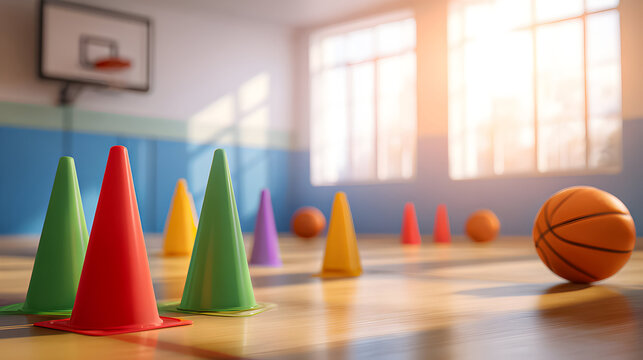 Bright gymnasium setting with colorful cones and basketballs on the wooden floor during an afternoon practice session for youth sports activities