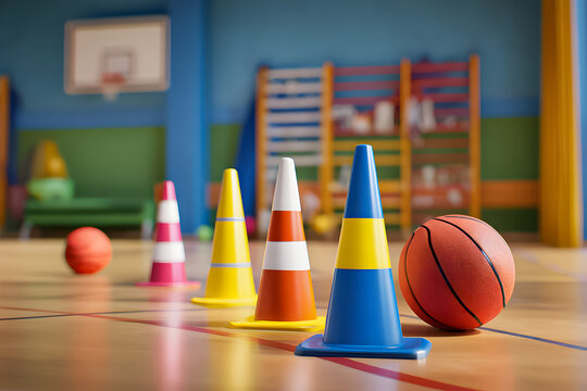 Colorful cones and a basketball arranged on the gym floor during a sports activity for children in an indoor training facility - Powered by Adobe