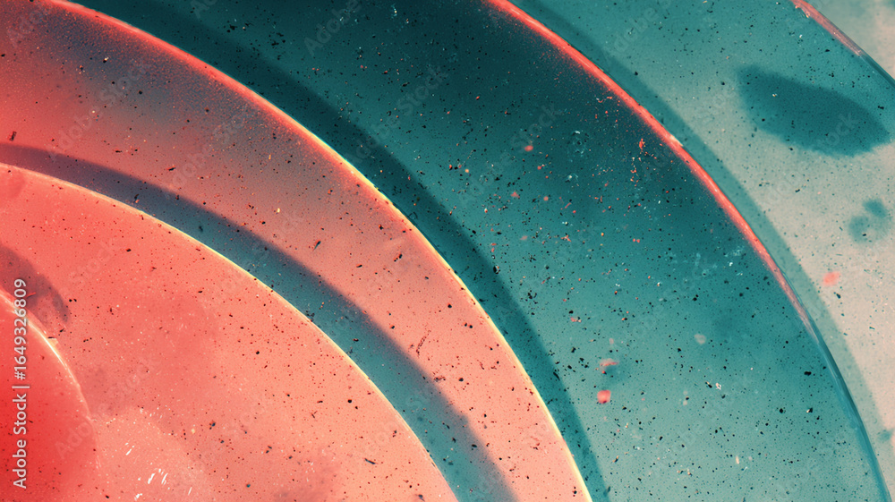 Poster vivid coral and teal arcs create mesmerizing abstract pattern with prism glow and faint speckles