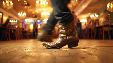 Boots dance on wooden floor during lively country night event in a bustling venue filled with friends and laughter