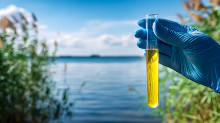 On a bright and sunny day by the lakeside, I am testing the water quality using a test tube filled with a yellow liquid
