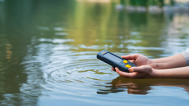 Conducting water quality testing in a tranquil lake during midday, while carefully holding a digital device in my hands