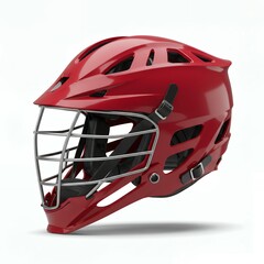 High-performance red lacrosse helmet showing side profile with adjustable chin strap and protective padding design