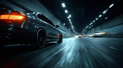 Modern car driving fast in a tunnel at night
