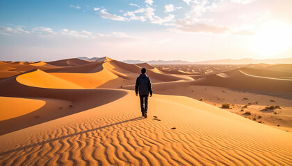 Person walking through golden sand dunes