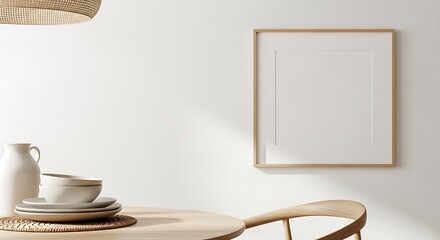 Minimalist dining area with light wood table and empty picture frame interior design wooden chair