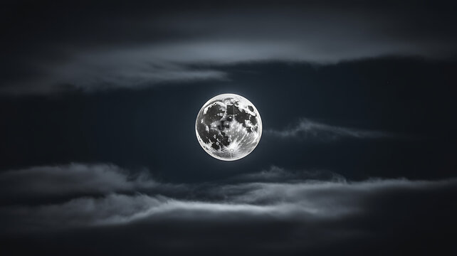 A full moon is visible through wispy clouds at night.