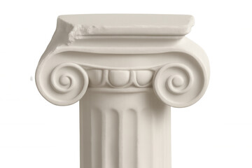 Damaged ionic column capital with volute scrolls, showcasing architectural detail against transparent background, close-up view
