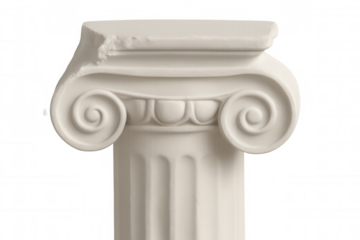 Damaged ionic column capital with volute scrolls, showcasing architectural detail against transparent background, close-up view