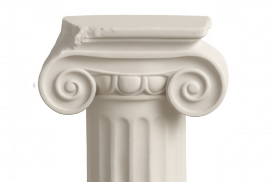 Damaged ionic column capital with volute scrolls, showcasing architectural detail against transparent background, close-up view