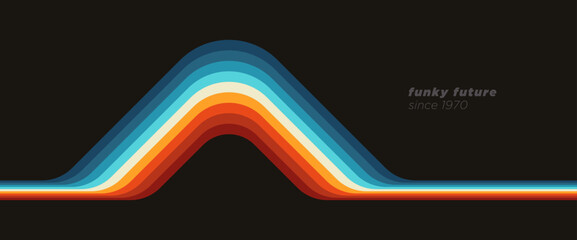 A rounded, 1980s-inspired abstract design with bold, flowing curves and vibrant, multi-colored lines in a retro palette. Vector illustration.  © Radoman Durkovic