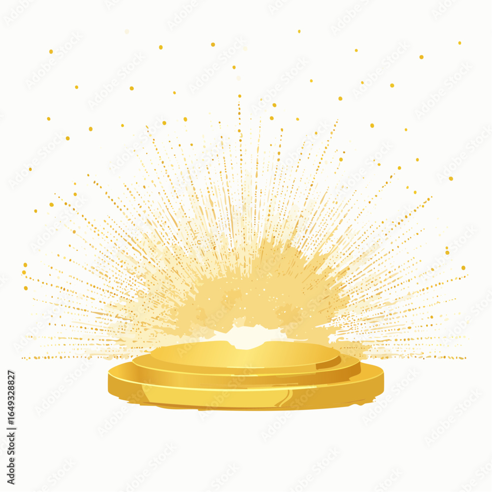 Poster an abstract golden starburst pattern with rays of light on a black background