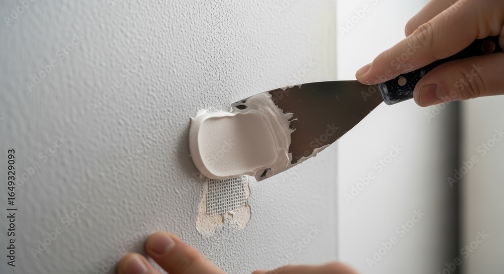 Poster using a putty knife to spread repair compound over a mesh patch reinforcing a tiny drywall hole for 