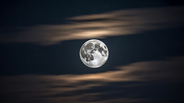 A full moon is visible through wispy clouds at night.