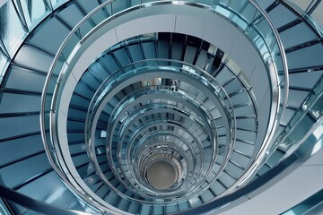 An aerial shot of a spiral staircase in a modern building, looking straight down to create a hypnotic geometric pattern.