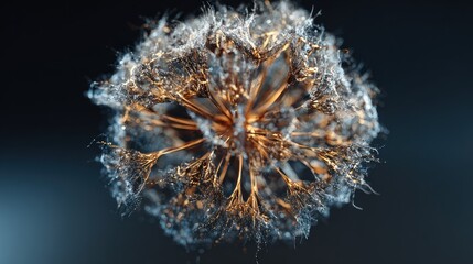 Abstract golden-silver sphere, intricate branching, smoky texture