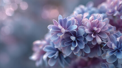 Fototapeta premium Soft pastel flowers in shades of powder blue and pale lilac create dreamy, delicate atmosphere. blurred background enhances ethereal feel