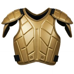 Gold protective chest and shoulder pad armor equipment with black straps for contact sports safety isolated on white background angled view