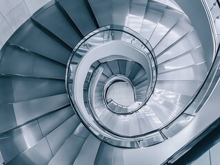 Fototapeta premium An aerial shot of a spiral staircase in a modern building, looking straight down to create a hypnotic geometric pattern.