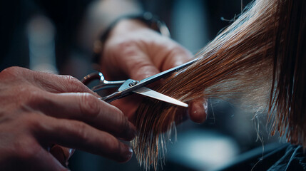 Precise Cut: A focused image of hairstylist's hands wielding sharp scissors, meticulously cutting through a client's long, flowing hair with expertise and precision.